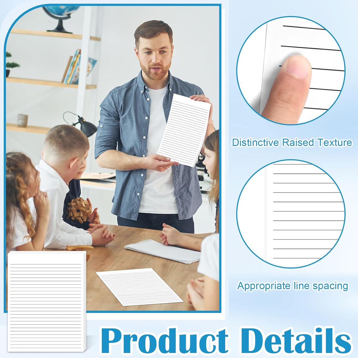 50 Sheets Handwriting Paper 8.5”x11” Narrow Ruled Spacing Raised Line Writing Paper Tactile Handwriting Paper Multi-Sensory Ruled Handwriting Tablet for 3rd Grade and Up