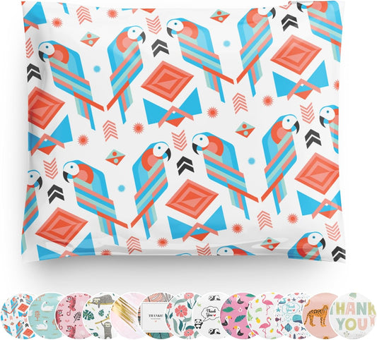 Poly Mailers 10x13 100 Pack | Self-Sealing Shipping Bags Envelopes for Small Business | Waterproof Durable Packaging | Parrot | Tropical Beach Bird Animal Pink Teal | à la mode Mailers