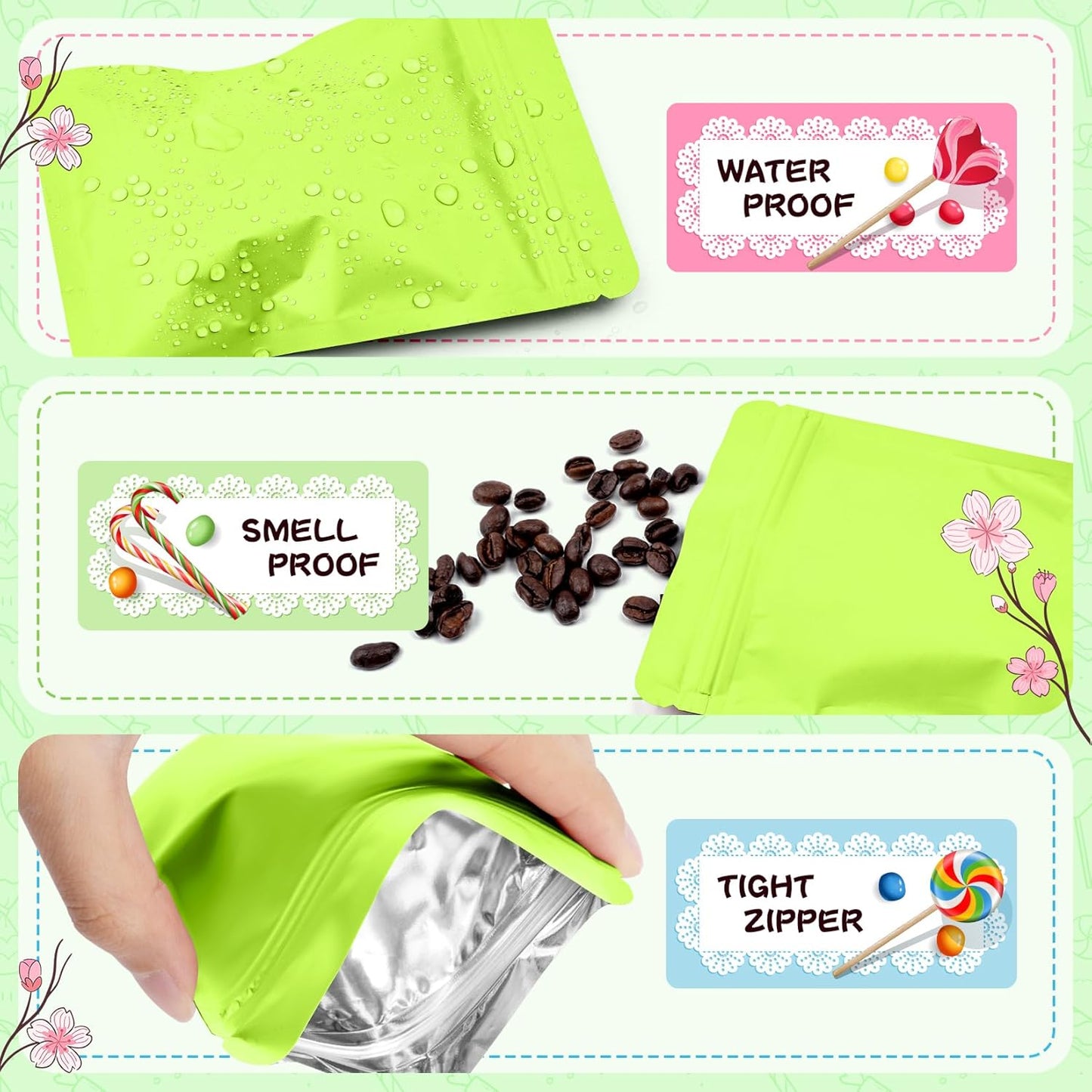 Funfery 100 Pack Green Mylar Packaging Bags Resealable Bags Double Sided Color Odor Proof Pouch Baggies Smell Proof Foil Bag for Food Storage,Small Business(Green,3x4inch)
