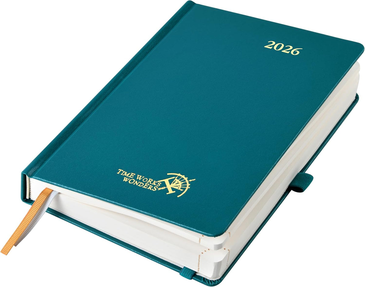 POPRUN 2026 Daily Planner One Page Per Day A5 Size Calendar (5.75" x 8.5") - 12 Months Hourly Appointment Book with Hardcover, Pocket, Pen Holder - Pacific Green