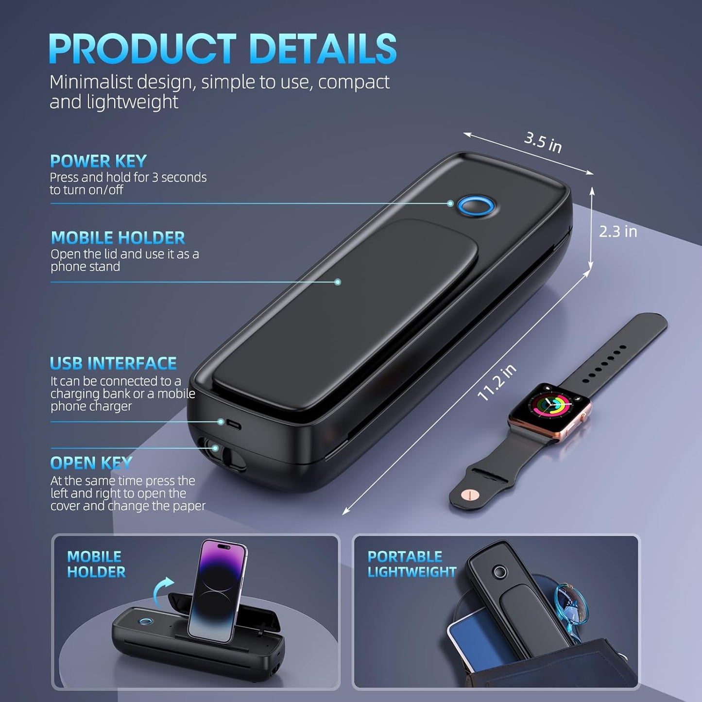 Portable Thermal Printer, Wireless & Bluetooth Mini Inkless Printer for Travel, Office, Home, Supports 8.5x11inch, Compatible with iPhone, Android, Laptop(Black)