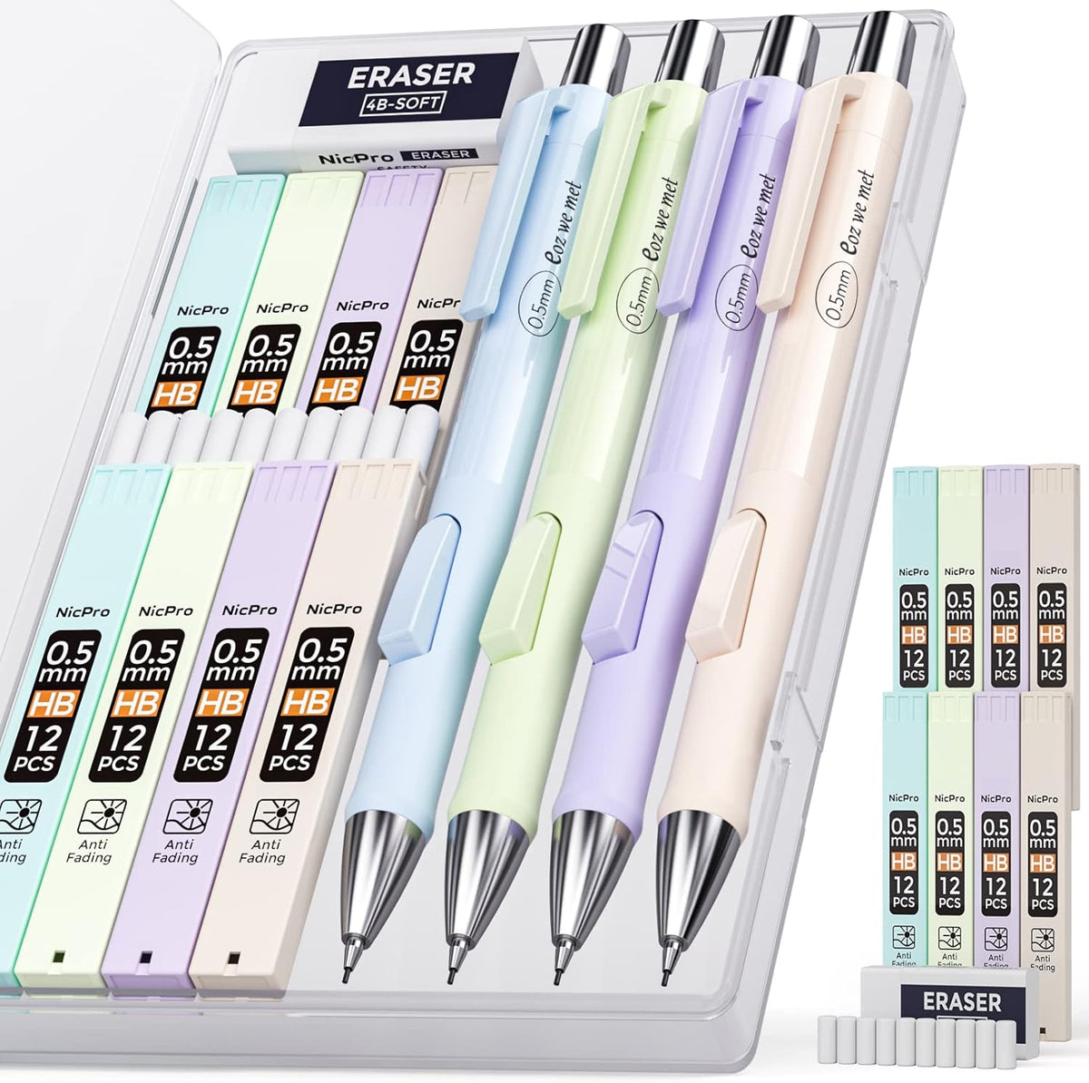 Nicpro 4PCS Pastel Mechanical Pencil 0.5mm, Cute Fast Click Mechanical Pencils Set with 100PCS HB Lead Refills, Erasers and Eraser Refills, Aesthetic School Supplies for Writing, Drawing, Sketching