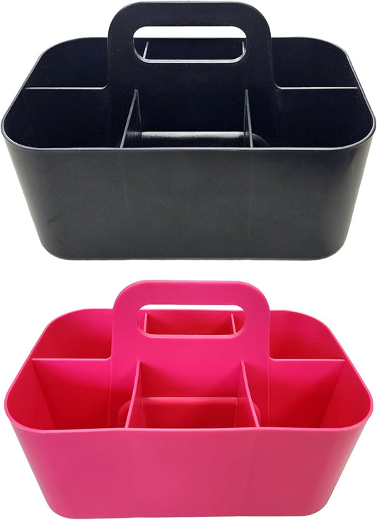 2 Pack Small 6 Compartment Multiuse Caddy Organizer with Handle Art Craft Supplies, Office, Desk, Stationery Pen Holder Stackable- Made In USA (Black/Pink)