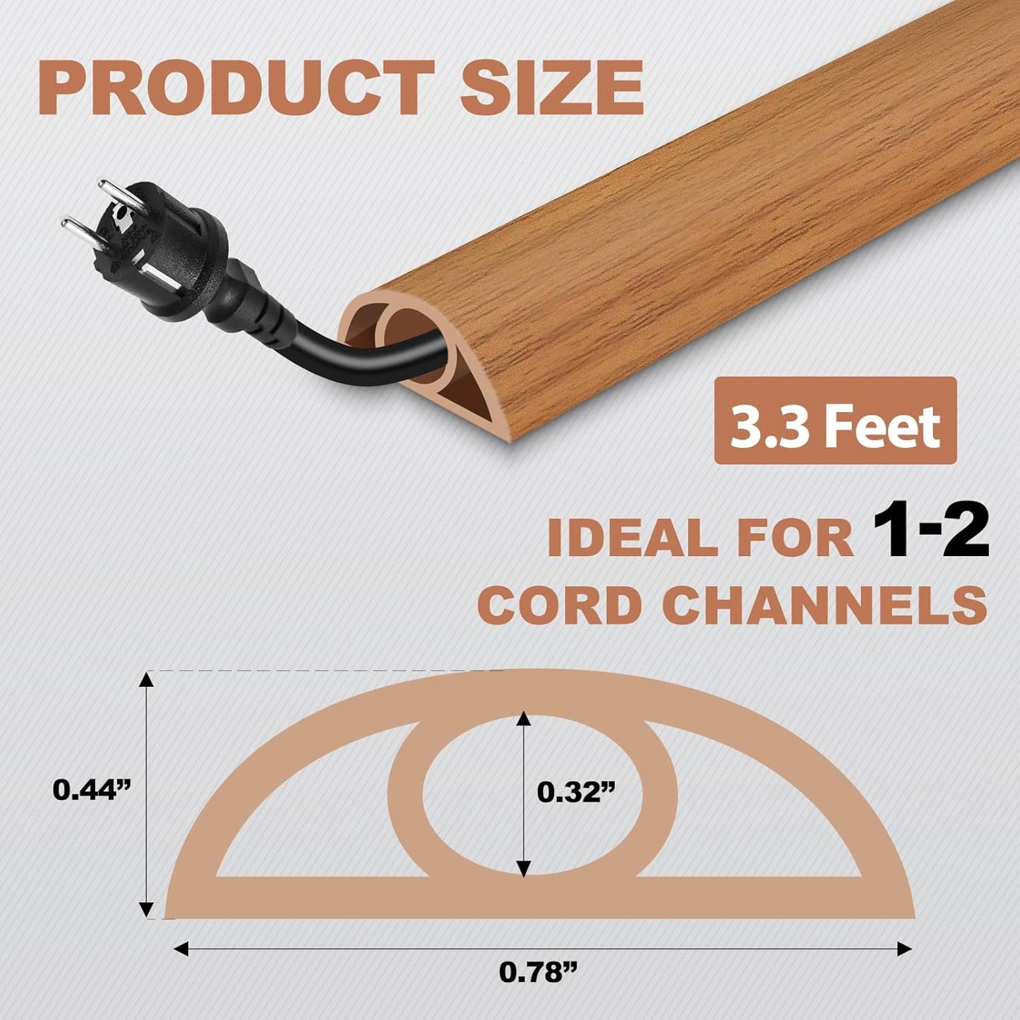 Floor Cord Cover for Wires on Floor Self Adhesive Cord Hider Floor Cable Management Wire Covers for Cords Protector Prevent Cable Trips Cord Cavity W 0.32" x H 0.32", Brown Wood, 3.3Ft