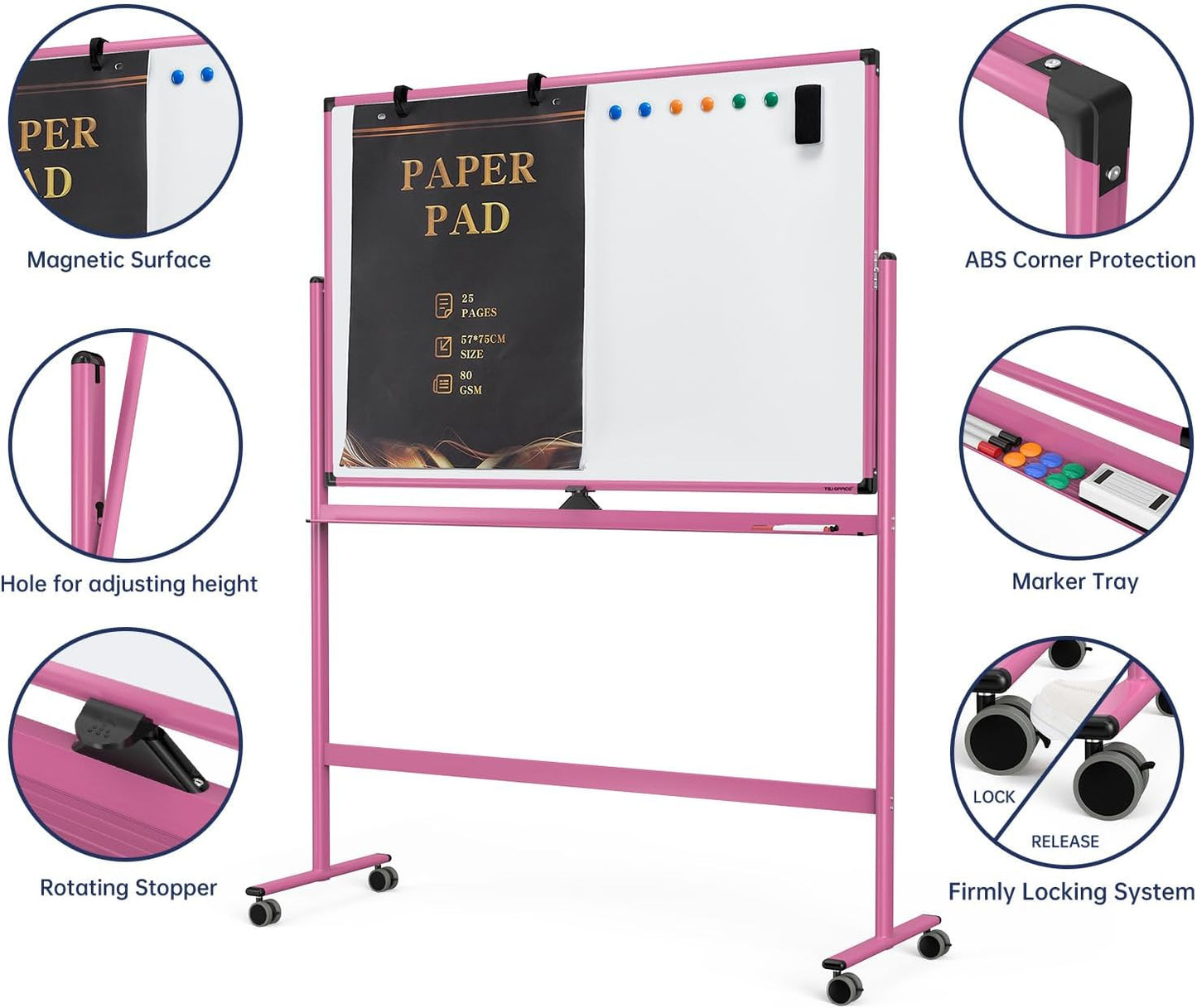 Large Dry-Erase Rolling Magnetic Whiteboard - 48 x 32 Inches Dry Erase Board with Stand Height Adjust Double Sides Mobile White Board Easel on Wheels with 25 Sheets Paper Pad Office, Home & Classroom