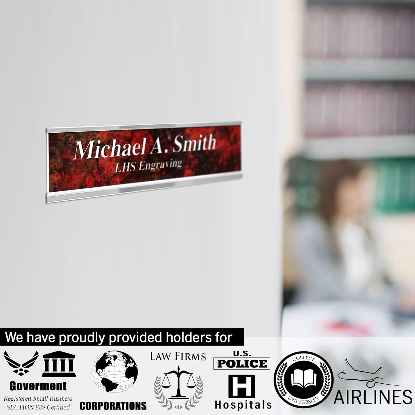 Door Name Plate Personalized for Office Ash Plastic Name Plate White Letters - Made in USA 2x8 N1