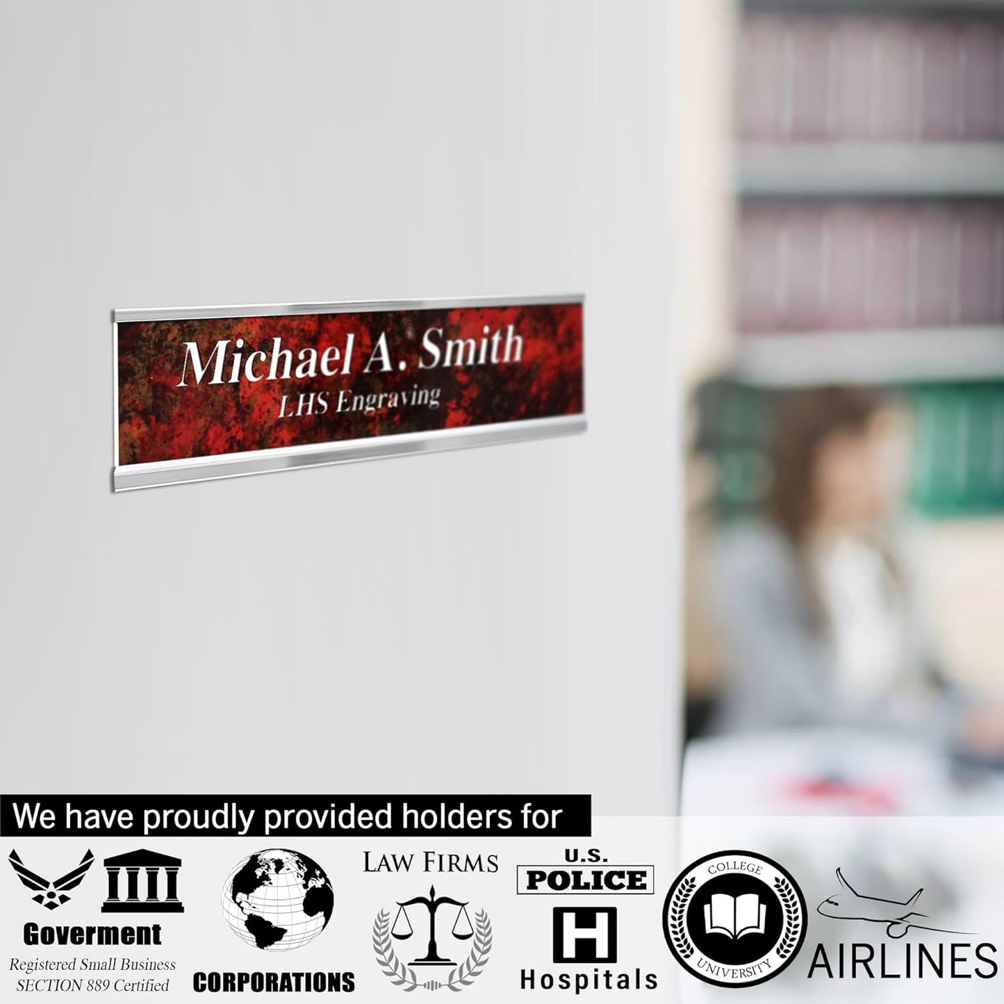 Door Name Plate Personalized for Office Brown Plastic Name Plate with White Letters - Made in USA 2x10 B25