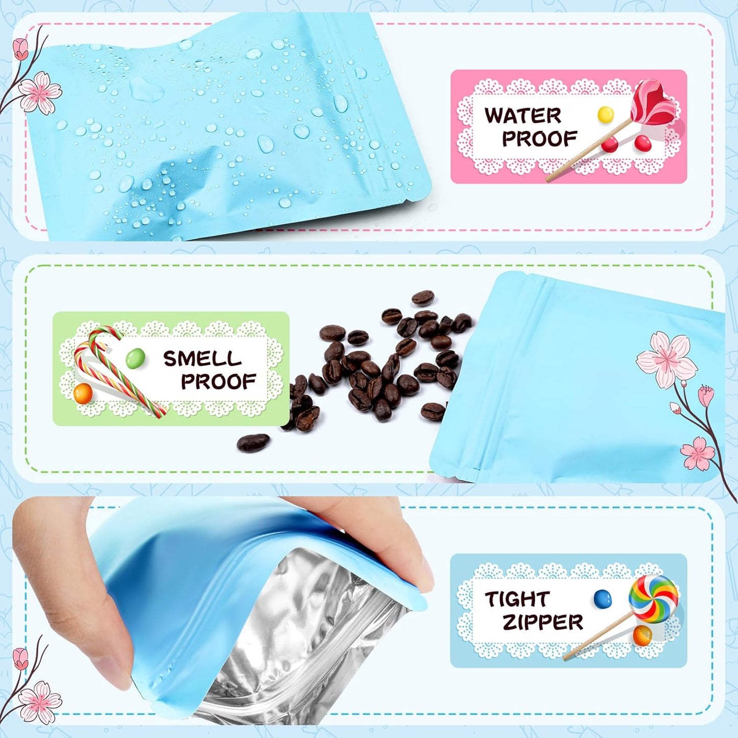 Funfery 100 Pack Blue Mylar Packaging Bags Resealable Bags Double Sided Color Odor Proof Pouch Baggies Smell Proof Foil Bag for Food Storage,Small Business(Blue,2.4x3.9inch)