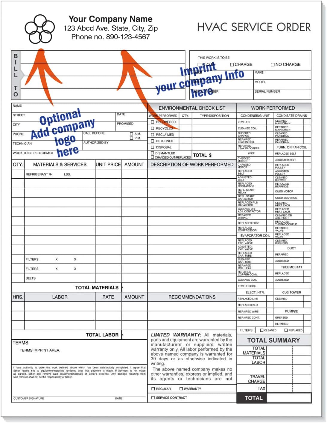 HVAC Service Order Invoice & Repair Detail Form, 3 Part Carbonless, Letter Size (Your Company Name Printed) 500 Sets