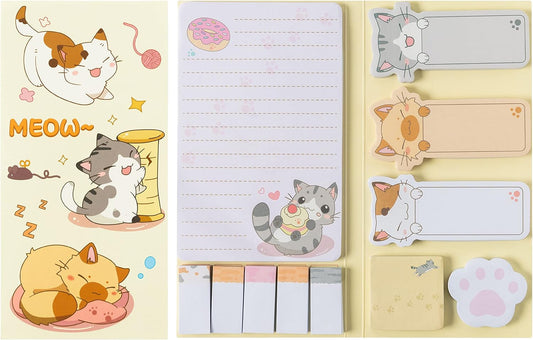 Xqumoi Cute Cartoon Cat Sticky Notes Set, 550 Sheets, Lovely Cat and Paw Shaped Self-Stick Notes Pads Kitty Animal Divider Tabs Bundle Writing Memo Pads Back to School Office Supplies Small Gift