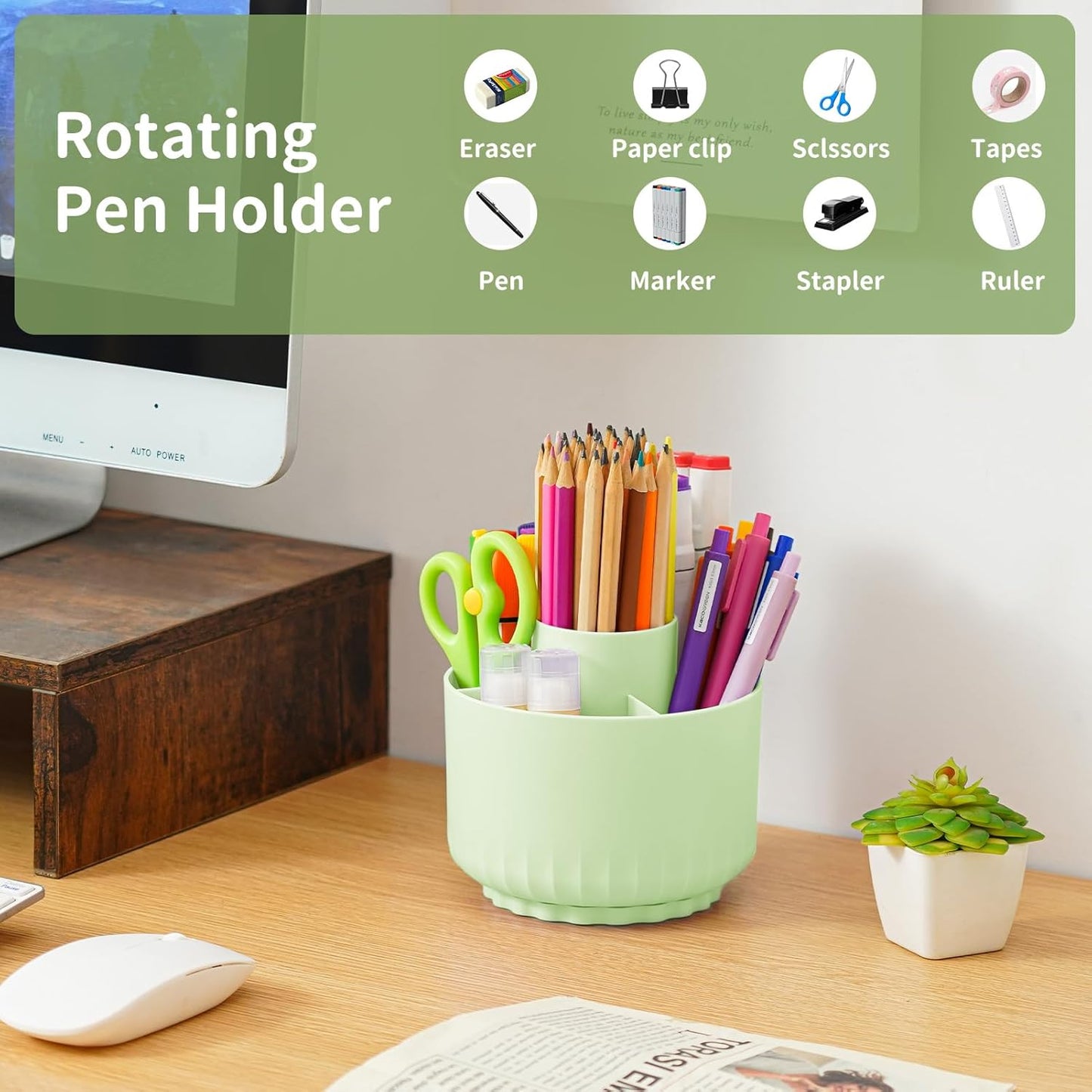 Marbrasse Desk Organizer, 360-Degree Rotating Pen Pencil Holder, Desk Organizers and Accessories with 5 Compartments Pencil Organizer, Art Supply Storage Box Caddy for Office, Home(Green)