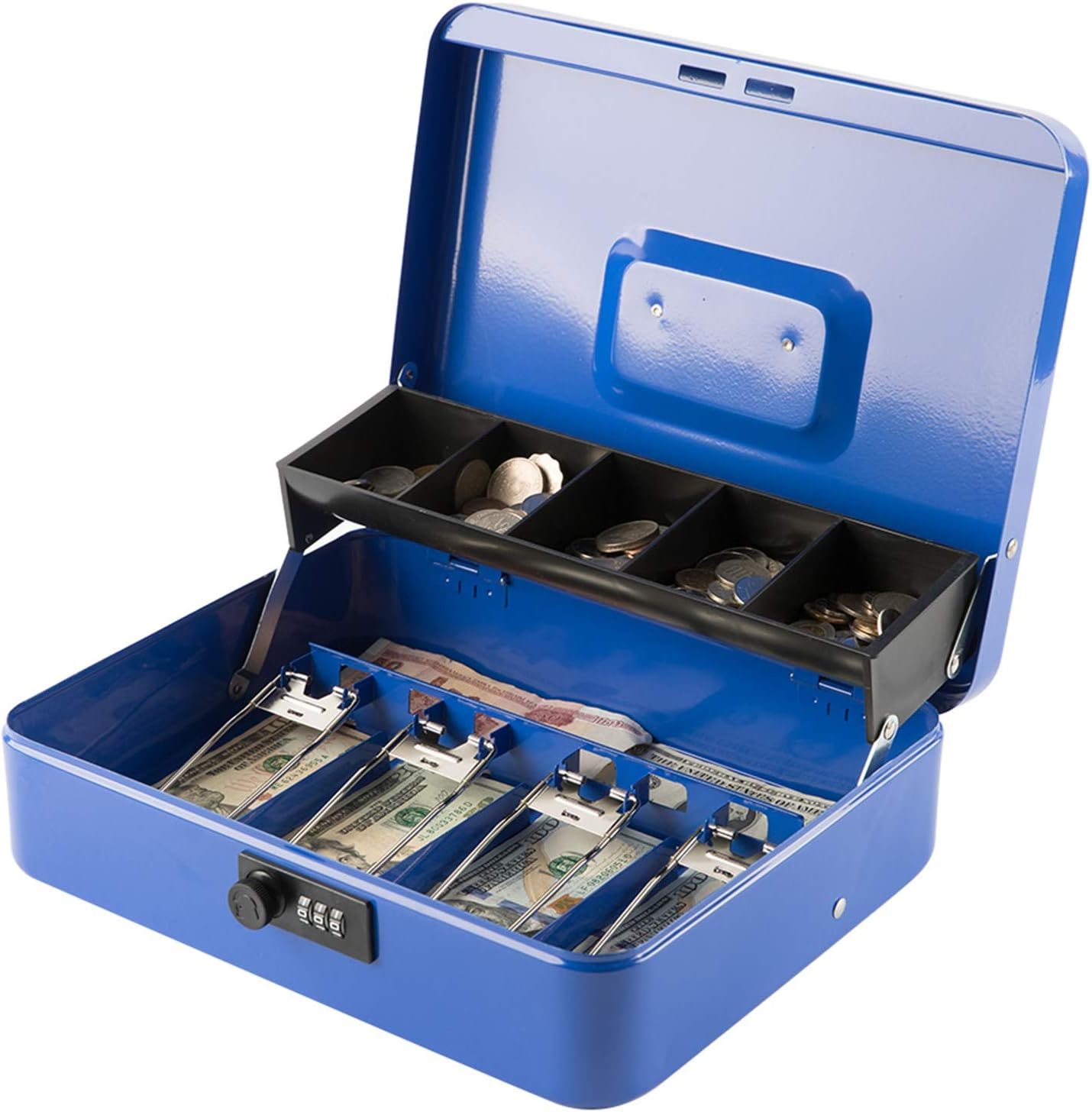 KYODOLED Large Cash Box with Combination Lock,Money Box with Cash Tray, Lock Safe Box with Key,Money Saving Organizer,11.81Lx 9.45Wx 3.54H Inches,Blue XL Large