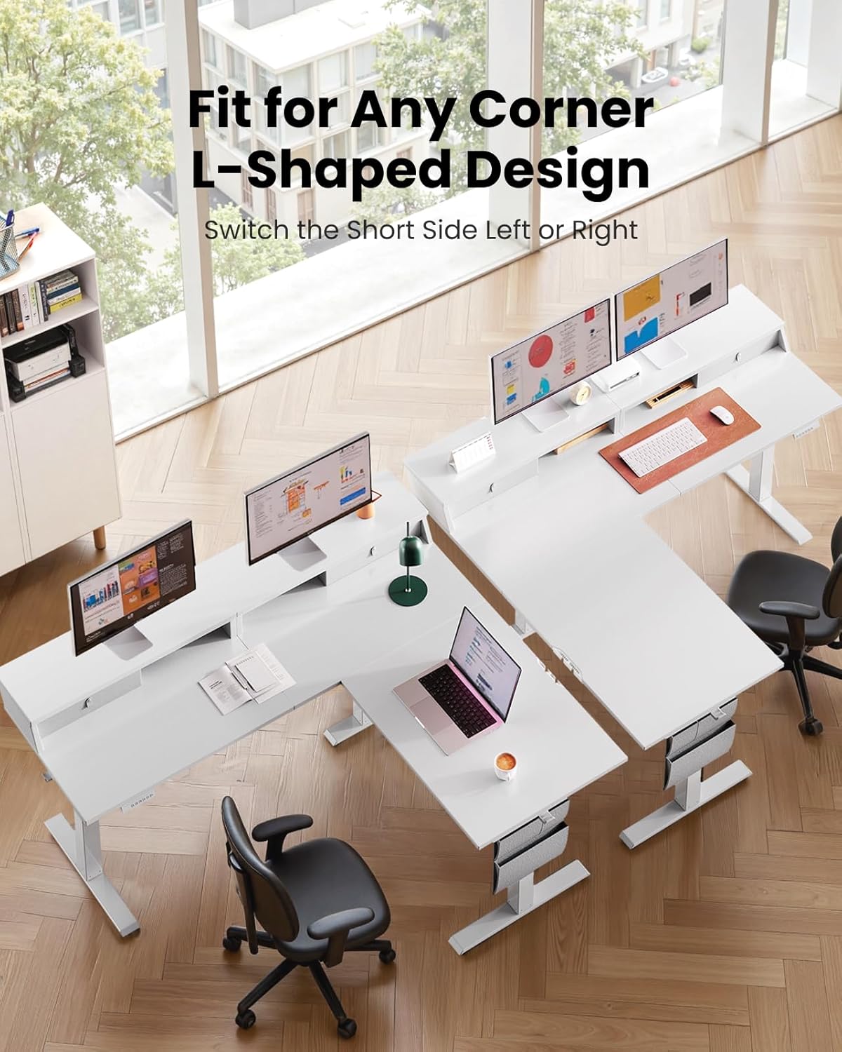 ErGear L Shaped Electric Standing Desk, 63" Ergonomic Corner Height Adjustable Desk with Drawers, Sit Stand Computer Table with Storage for Work Office Home, White