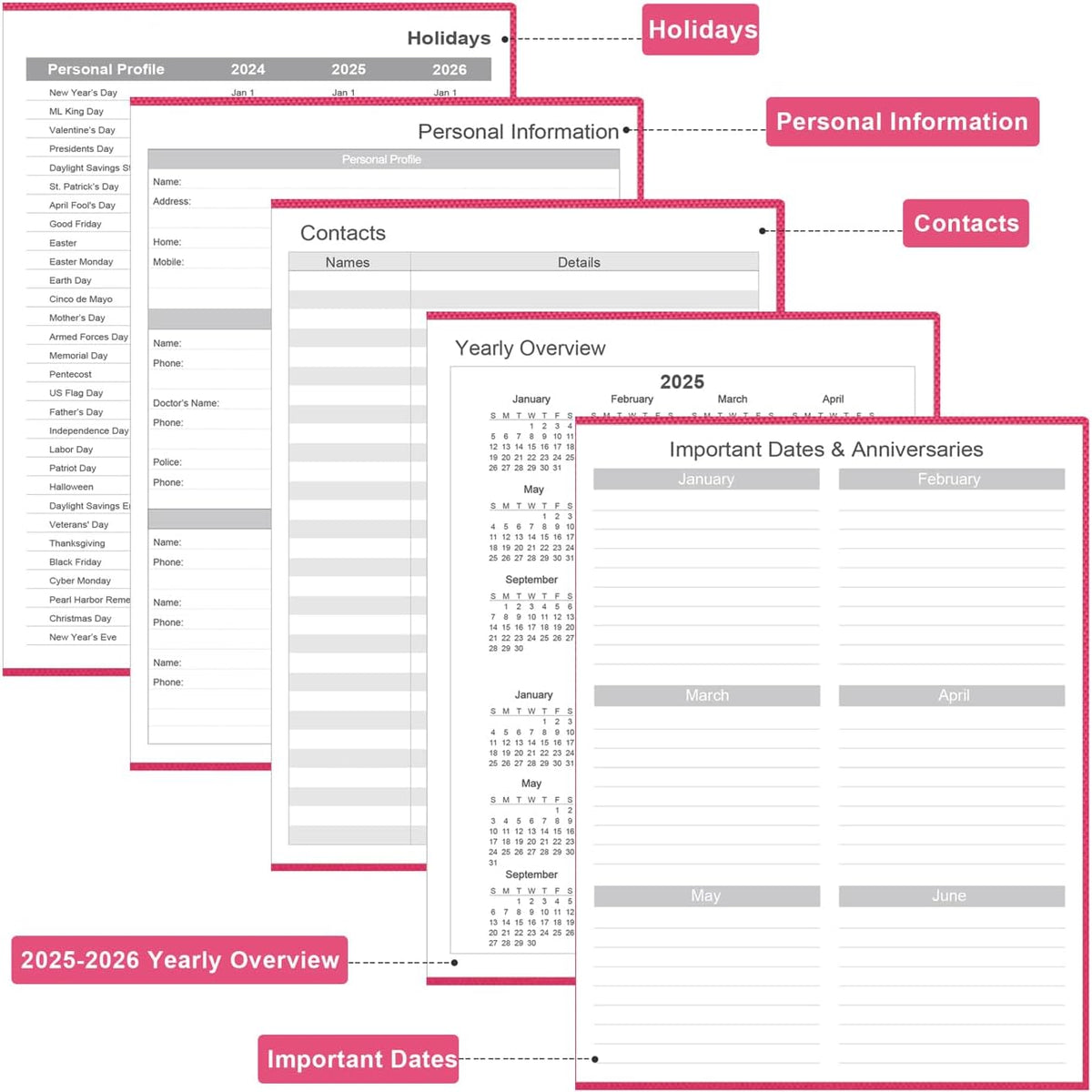 Daily & Monthly Planner for 2025 2026 or Anytime - ADHD Planner Two Pages Per Day, Daily Planner Undated to Increase Focus, Eliminate Overwhelm, Achieve Your Biggest Goals, 8.5'' × 11'', Pink
