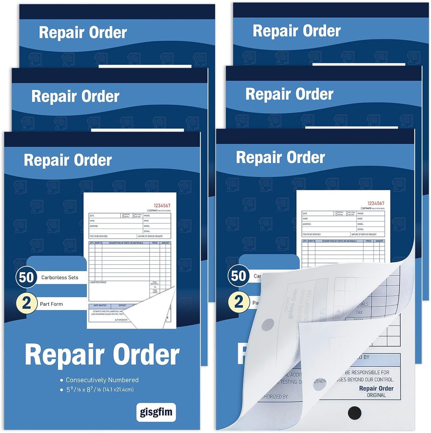 gisgfim 6 Pad Repair Order Book 2 Part Carbonless Receipt Books Consecutively Numbered with Claim Check Stub Invoice Receipts Book Work Order Form Receipt Book Orders for Small Business 50 Set per Pad