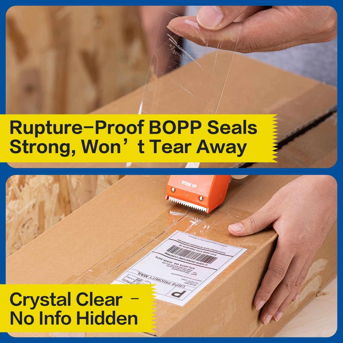 STICK UP 6 Rolls Packing Tape with 2 Dispensers, 390 Yds Total, 1.88 inch x 65 Yds Heavy Duty Shipping Tape, Strong Adhesive Clear Packaging Tape for Moving, Shipping and Mailing Supplies