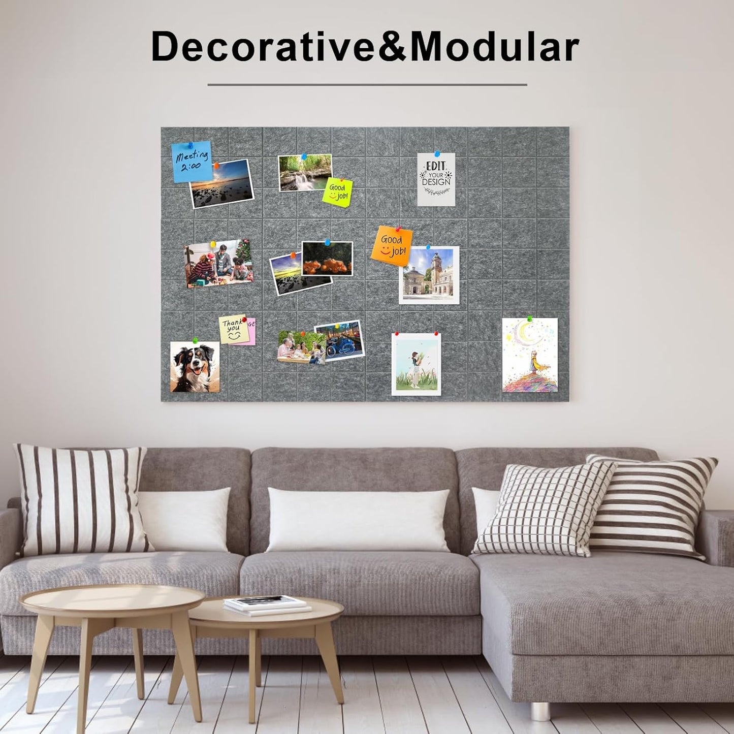 12 Pack Large Cork Board for Walls, 48" X 36" Felt Bulletin Board Tiles with 48 Safe Removable Adhesive Tabs & 60 Push Pin Board Decorative Cork Board Tack Board Wall Organizer for Office - Dark Grey