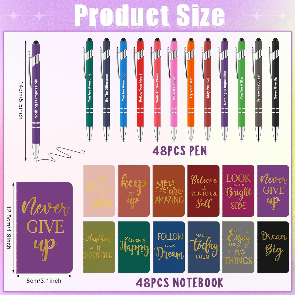 96 Pcs Bulk Motivational Pens Inspirational Notepads Set, Small Pocket Motivational Quote Notebooks and Ballpoint Pens, Mini Journals Gift Set for Kids Students Teachers School Office Prizes Supplies
