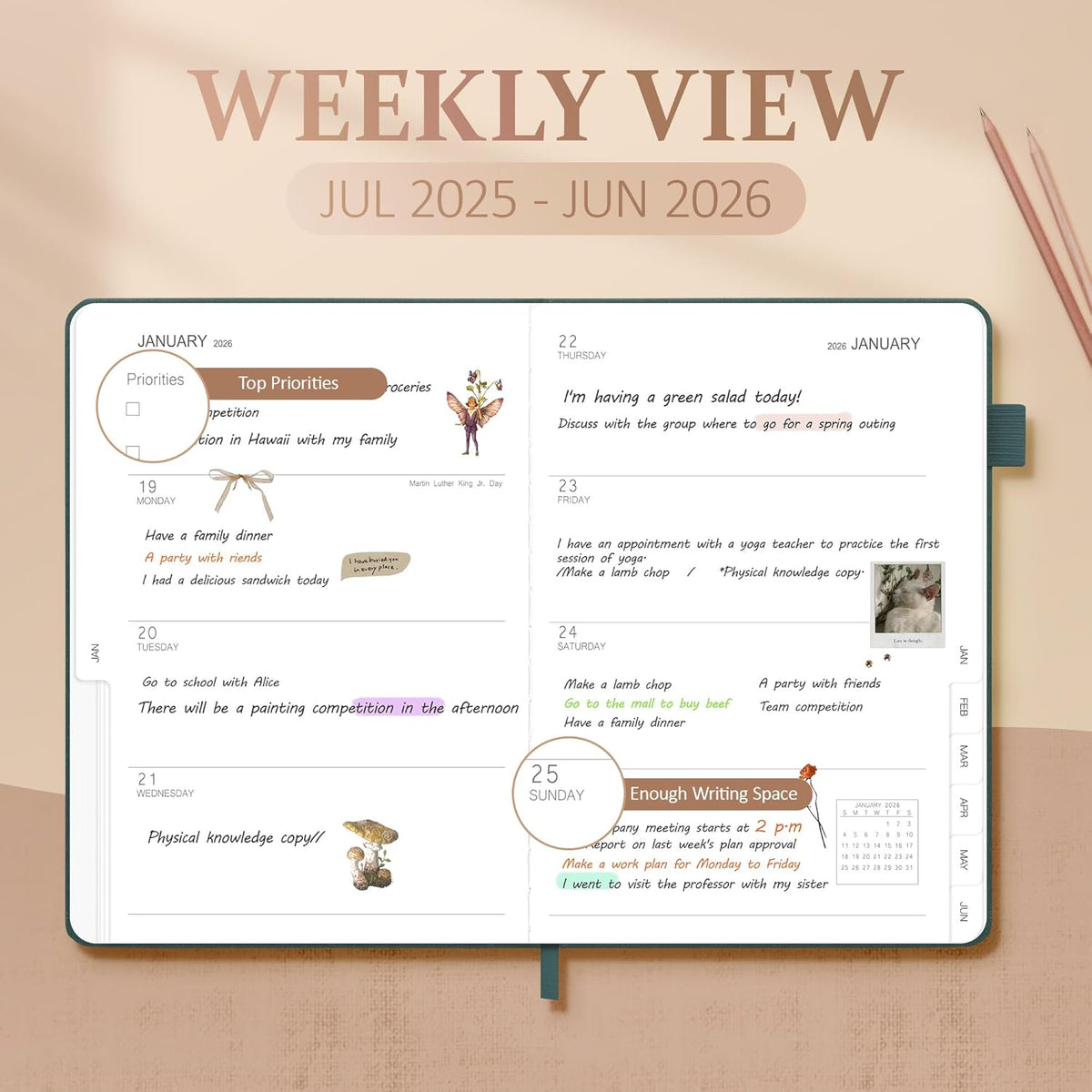 Planner 2025-2026, Academic Linen 2025-2026 Monthly Planner July 2025 to June 2026, Weekly & Daily Organizer with Tabs, Note Pages, Hardcover 5.65" x 8.15"- Ideal for School, Work & Productivity-Green