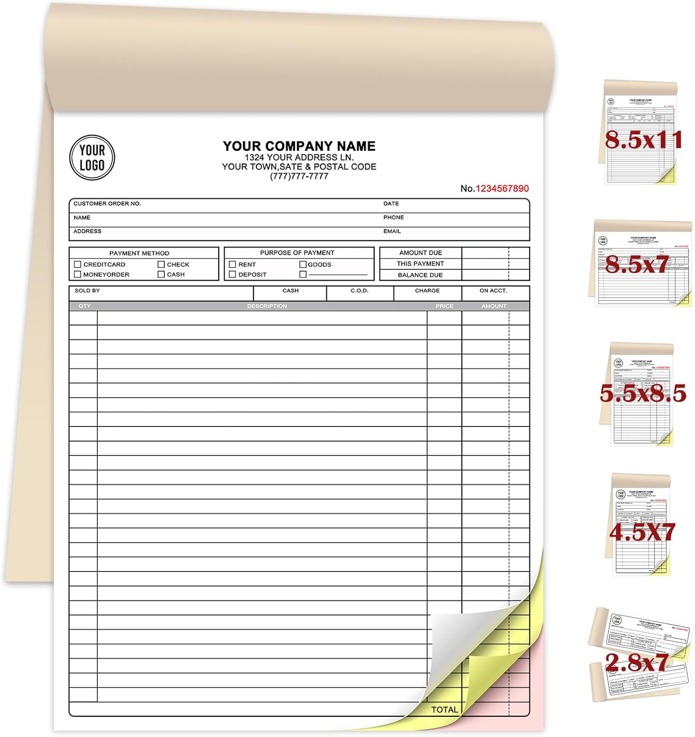 Custom Invoice Book for Small Business,8.5 x11 Inches Invoice Receipt Book, 3-Part Carbonless Forms, Personalized Company Name, Address, Phone Number