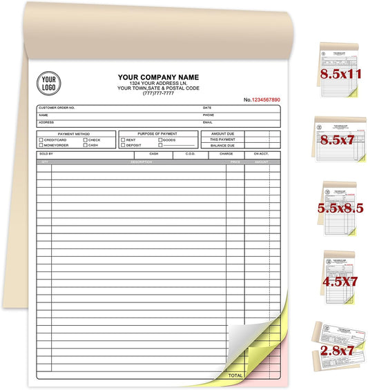 Custom Invoice Book for Small Business,8.5 x11 Inches Invoice Receipt Book, 3-Part Carbonless Forms, Personalized Company Name, Address, Phone Number