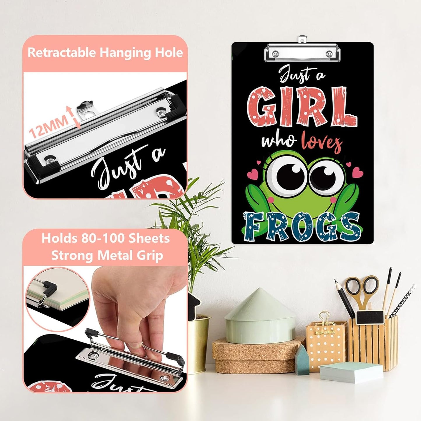 Just A Girl Who Loves Frogs Plastic Clipboards,Cute Fashion Clipboard Decorative 8.5" x 12.5"Standard A4 Size Clipboards,Acrylic Clipboard for Teacher,Social Worker,Students,Nurse,Office Supplies