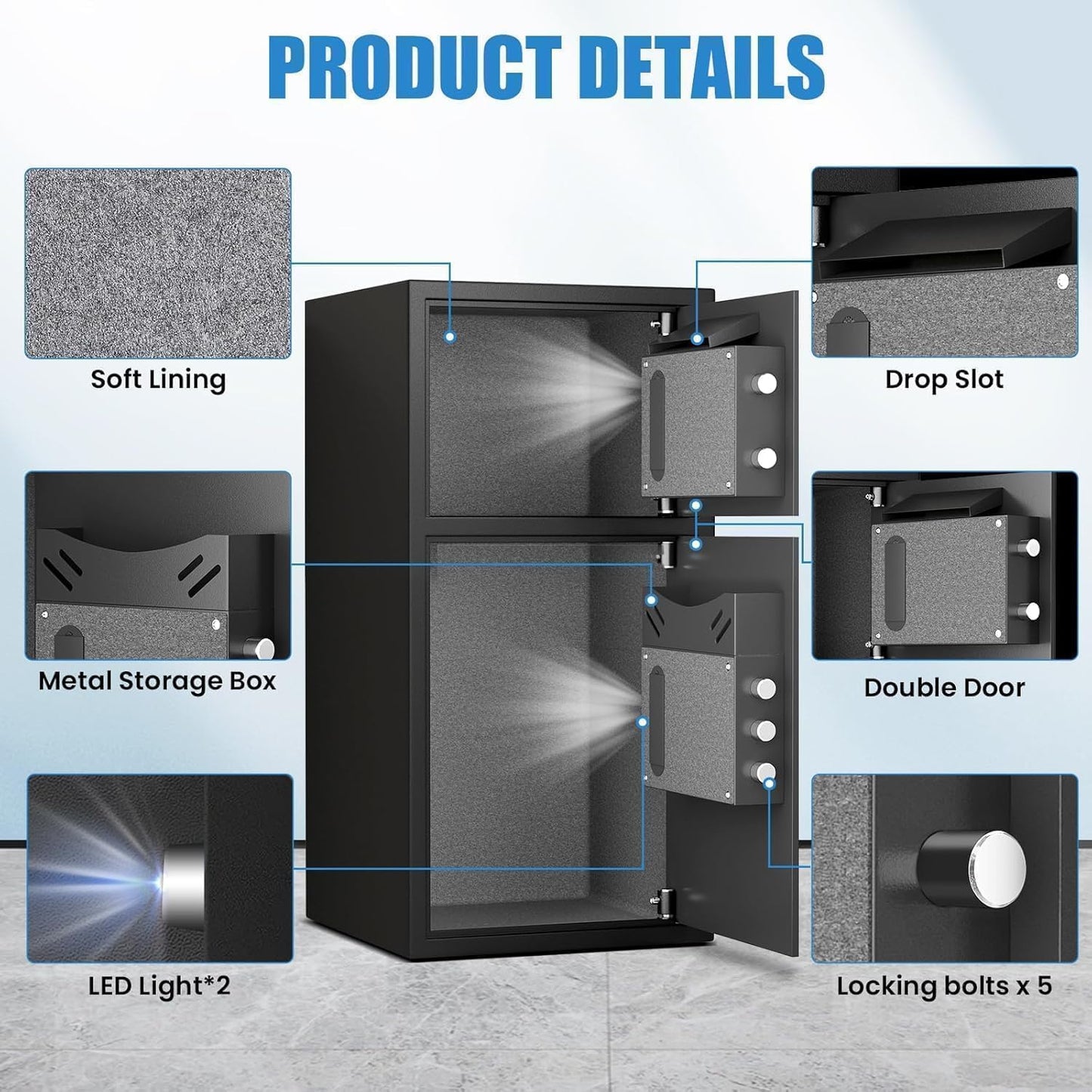 SAFE, 7.0 Cu ft Large Safe Box Fireproof Waterproof, Money Safe With Mute Function and LED Light, Digital KeypadHome Safes with Deposit Slot & Dual Alarm System,Security Box for Money Valuables