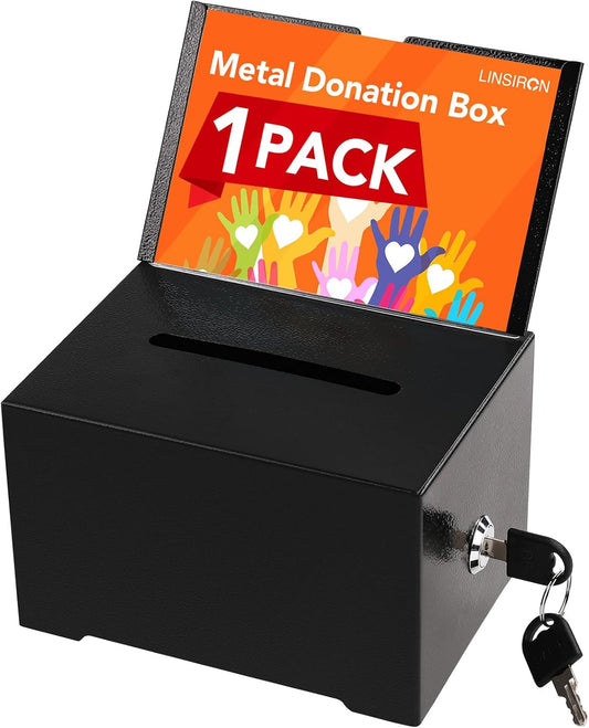 Tip Jar Suggestion Box with Slot and Lock Metal Donation Raffle Fundraising Cash Ballot Money Ticket Bartender Voting Prayer Comment Teacher Mailbox Booth Card Coin Classroom Restaurant Black
