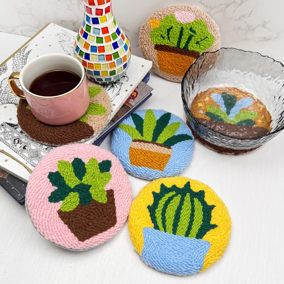 Punch Needle Kit for Adults Beginners, 6Pcs Succulent Plants Punch Coaster Starter Kit, Easy Embroidery Stitch Set with Instructions – Fun DIY Needle Point Craft for Table Decor & Festival Gifts