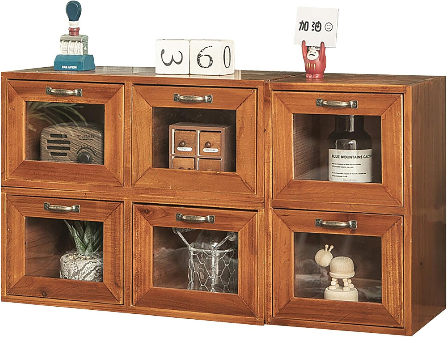 Set of 3 Desktop Organizer with Drawers - 2-Drawer Wood Organizer for Desk - Vintage Countertop Drawers with Glass Doors - Wooden Organizer Box for Index Card Catalog, Collectibles, Herb Storage