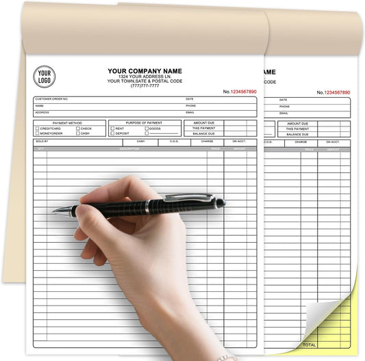 Custom Invoice Receipt Book for Small Business 8.5x11" Personalized 2-Part Contractor Duplicate Carbonless Sales Forms with Company Name Address Phone Number 100 Sets