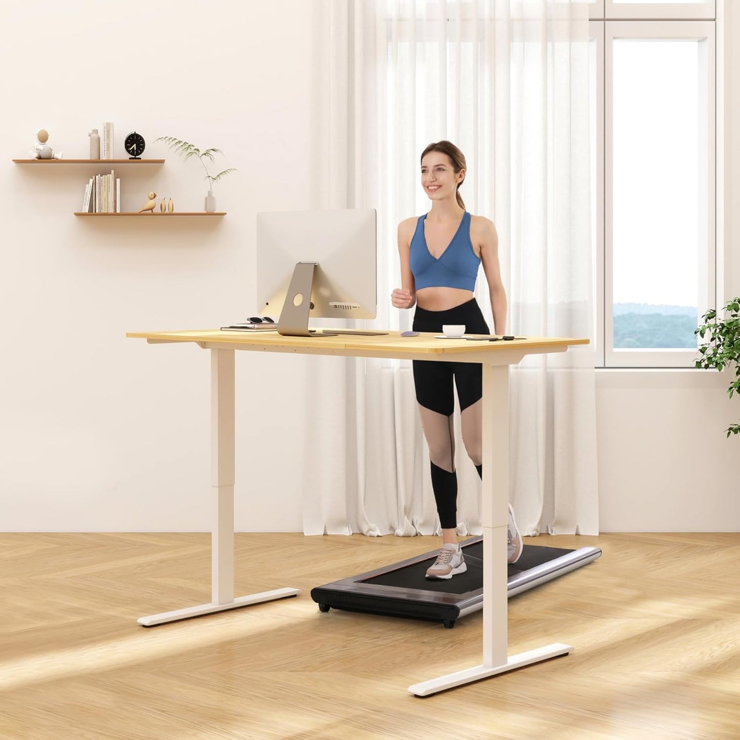 FLEXISPOT E3 Dual Motor Electric Standing Desk 48x24 Inch Whole-Piece Board Height Adjustable Electric Sit Stand Desk (White Frame + Maple Desktop, 2 Packages)