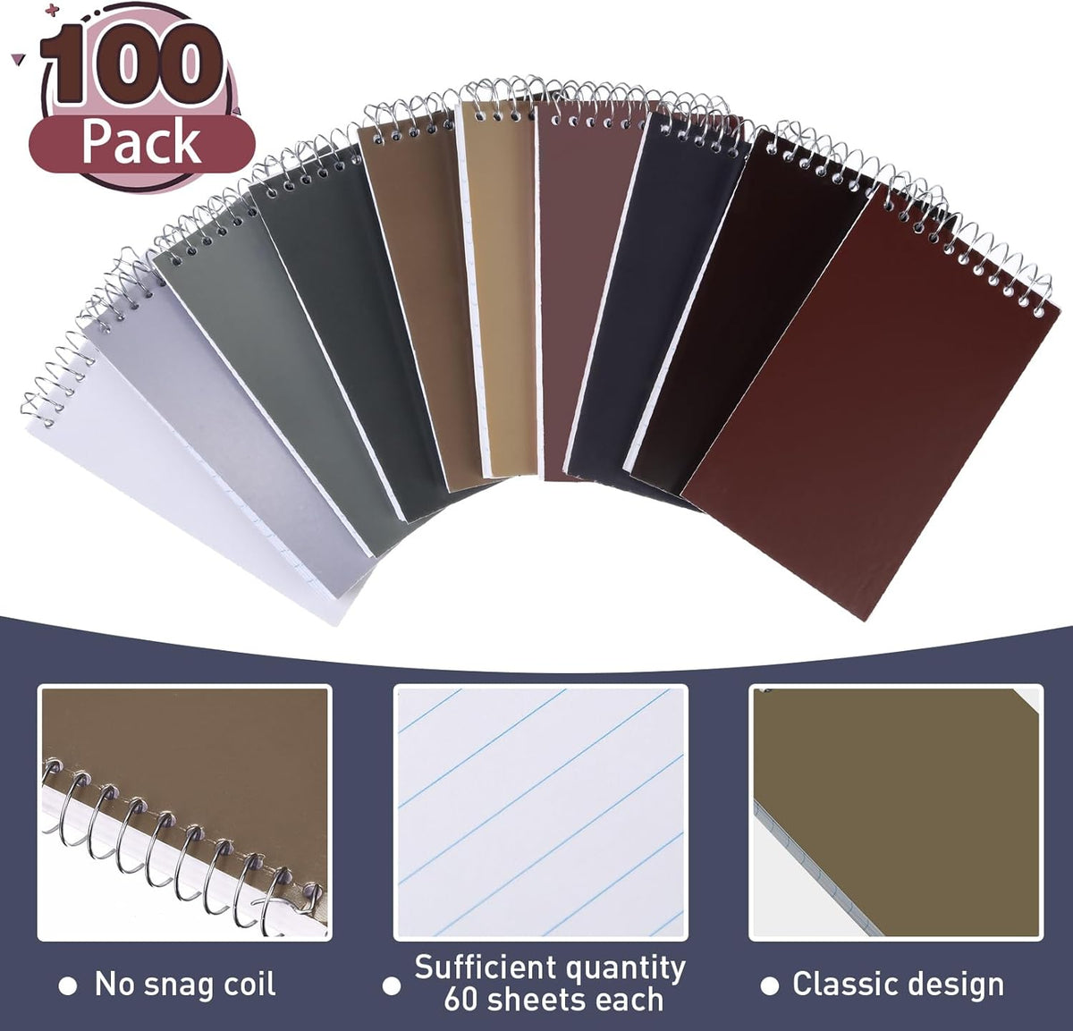 Thenshop 100 Pads Spiral Memo Pads Bulk 3 x 5 Inch Small Pocket Notepad Top Bound Lined 60 Sheets Mini Notebooks for School College Office Home Supplies (Multicolored)