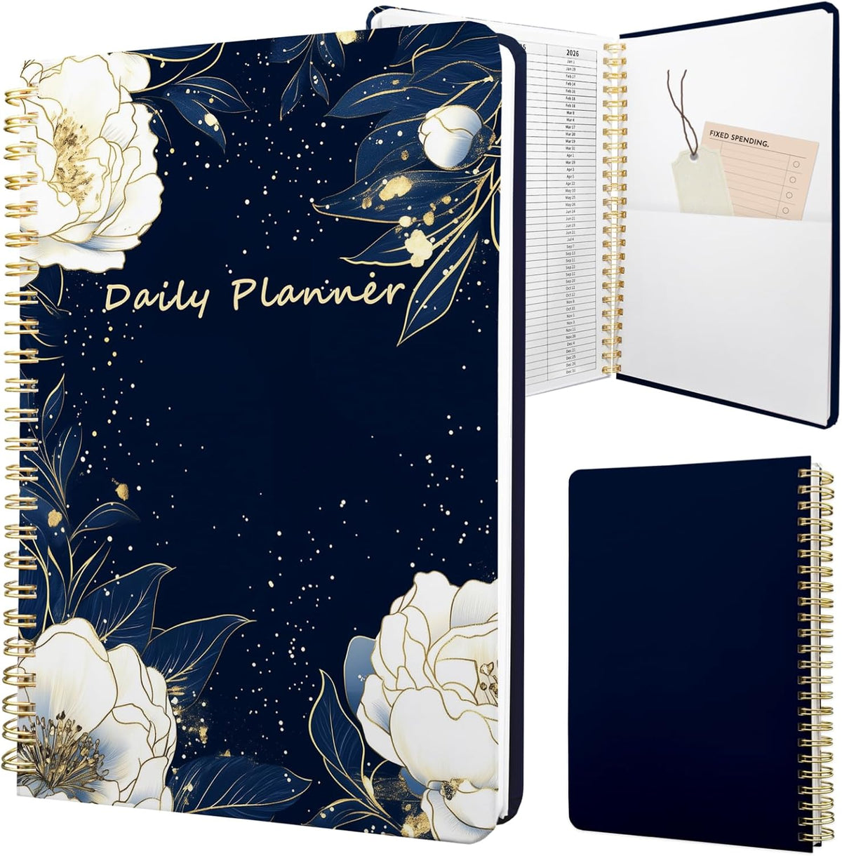Undated Daily Planner - Spiral Notebook 80 Days One Day Per Page, Hourly Schedule, To-Do List, Notes, Everyday Planning Task, A5 Hardcover Journal Organizer Book Women Cute Aesthetic, Flower