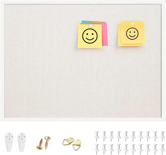 OWLKELA 20'' x 30'' Linen Bulletin Board, White Framed Corkboard, White Oak Frame Linen Cork Board, Vision Board and Decorative Hanging Pin Board