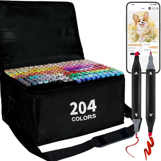 Alcohol Markers with APP, 204 Colors Dual Tip Art Marker for Adults Coloring Books, Alcohol Based Illustration Markers Set for Adult Artist Drawing Sketching Painting Lettering Cards