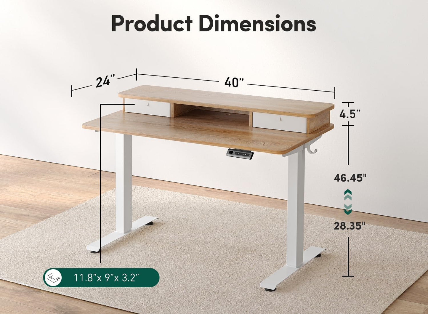 FEZIBO 40 x 24 Inch Height Adjustable Electric Standing Desk with Double Drawer, Computer Desk, Home Office Stand Up Table with 4 Height-Adjustable Feets & 2 Hooks, Maple