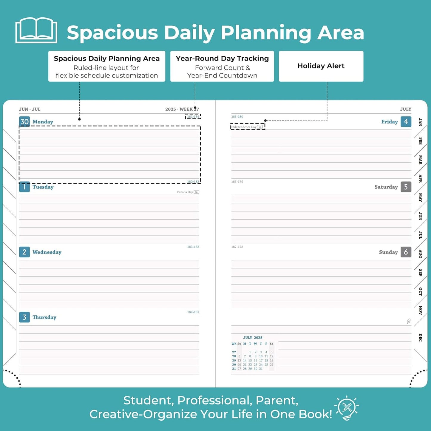 Planner 2025-2026 Daily Weekly and Monthly,8.5"x6.5",18 Months Spiral Bound Calendar Agenda with Self-adhesive Pen Holder,2026 Academic Plan with Vegan Leather Soft Cover,Light Blue