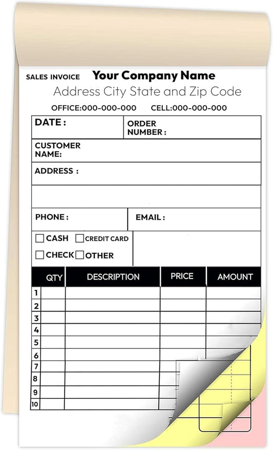 Custom 5.5" X 8.5" Invoice Receipt Book, Carbonless NCR Invoice Book in 3-Part Duplicate Receipts, Estimates, Purchase Orders, Sales Orders, Price Forms with Your Company/Business Name
