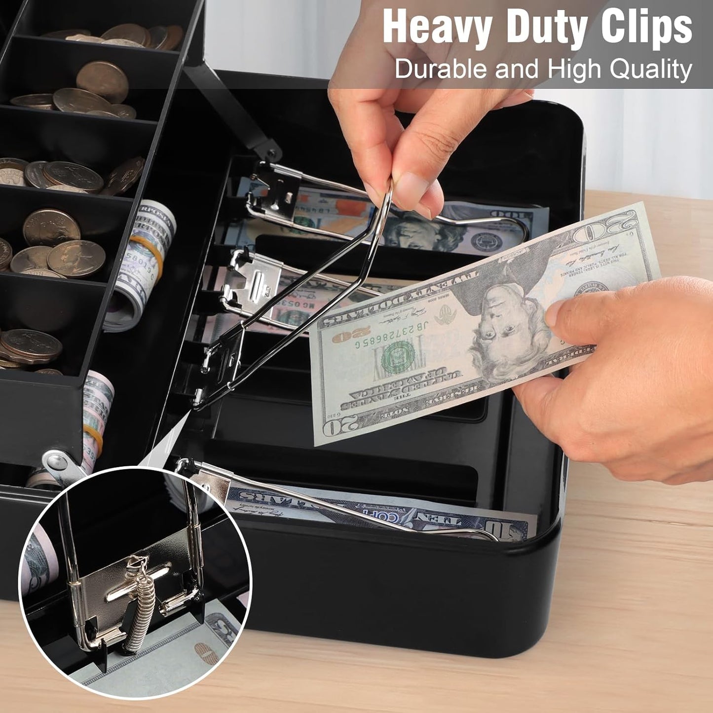 KYODOLED Locking Cash Box with Top Lock,Money Box with Cash Tray,4 Bill/5 Coin Slots,Lock Safe Box with Key,Money Saving Organizer,11.81Lx 9.45Wx 3.54H Inches,Black XL Large