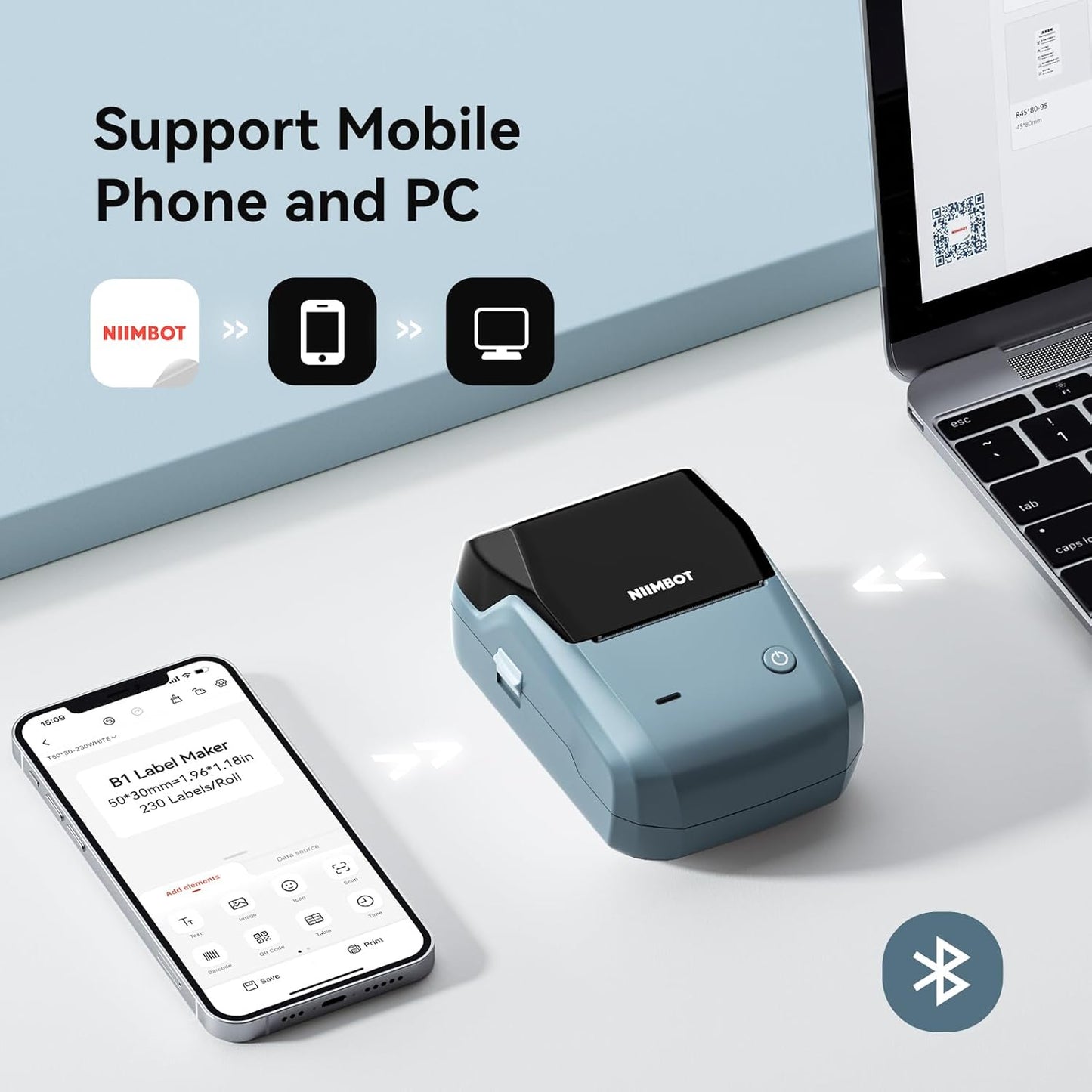 NIIMBOT B1 Label Maker Machine with Tape, 2 Inch Portable Sticker Printer for Home School & Small Business, Compatible with Phones & PC, Blue
