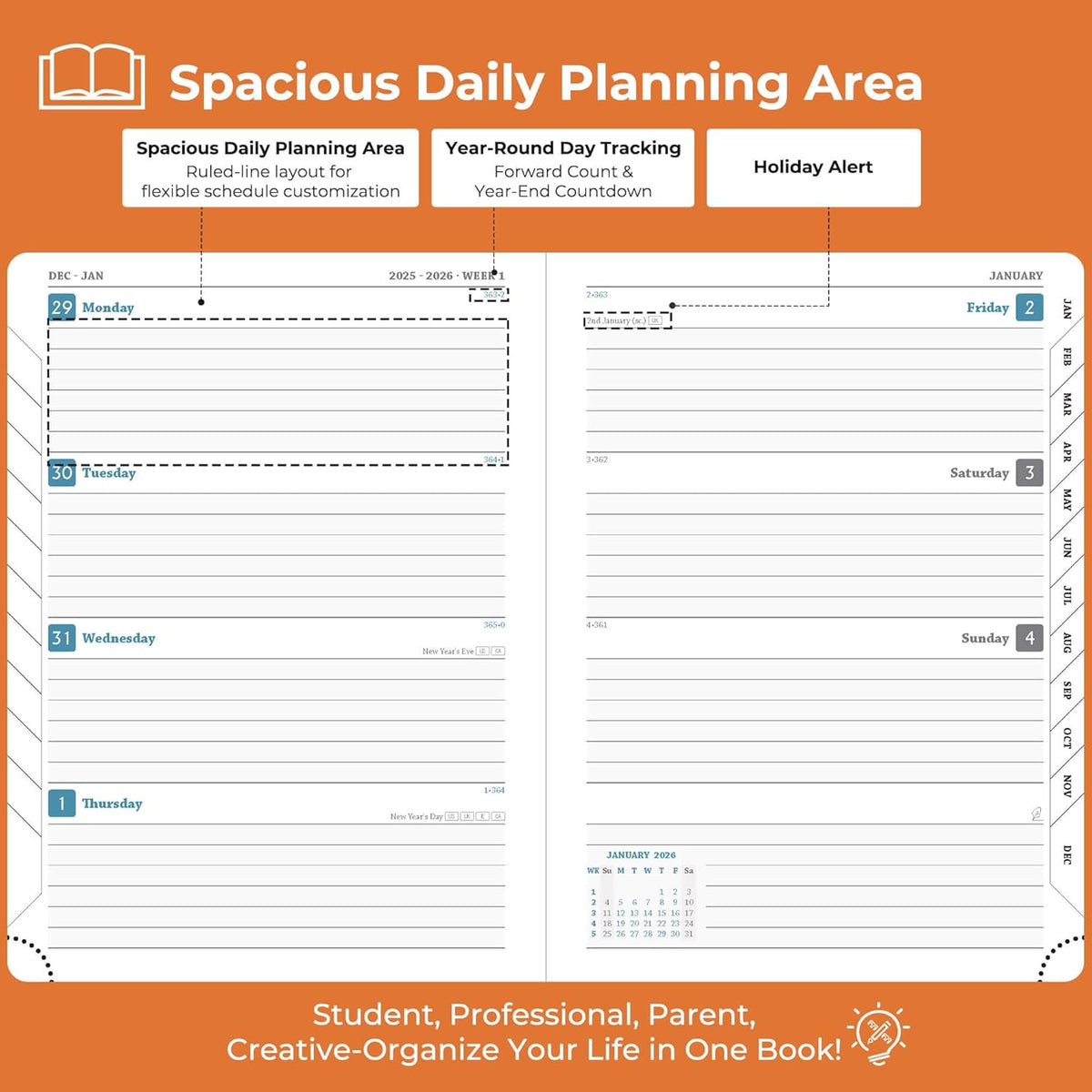 Planner 2026 Daily Weekly and Monthly,8.5"x6.5",12 Months Spiral Bound Calendar Agenda with Self-adhesive Pen Holder,2026 Appointment Book with Vegan Leather Soft Cover,Orange