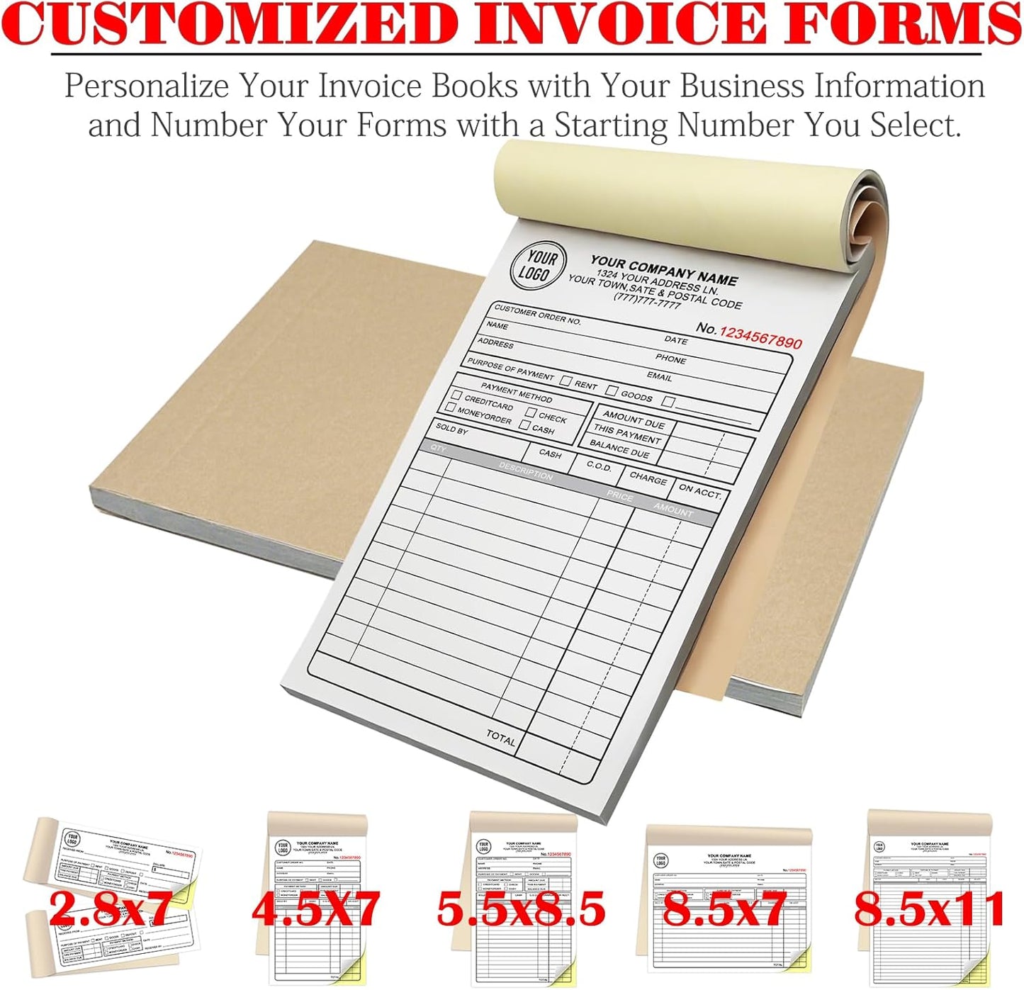 Custom Invoice Book for Small Business,8.5 x11 Inches Invoice Receipt Book, 2-Part Carbonless Forms, Personalized Company Name, Address, Phone Number