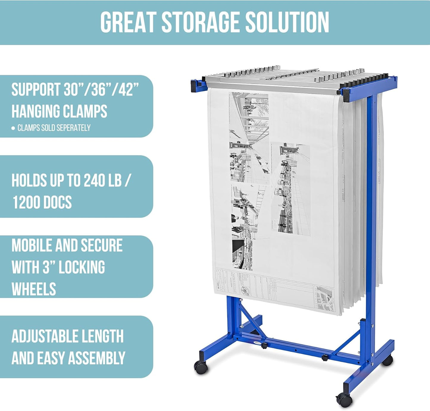 Adir Mobile Blueprint Storage Rack - Adjustable Mobile Blueprint Holder, Vertical Architect Drawing Rack with Wheels, Poster Display, Construction Plans Holder (Without Blueprint Clamps)