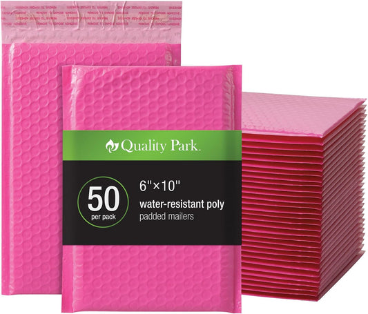 Quality Park Bubble Mailers, 6 x 9 Inch, Pink Poly Mailers, Padded Envelopes, Shipping Envelopes, Water Resistant, Self Seal, 50 Per Box (QUA85858)