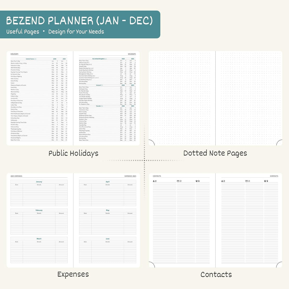 BEZEND 2026 Planner Weekly and Monthly (6" x 8.5") Daily Calendar with Half-Hourly Timeslots & Tabs (Jan-Dec) Note & Expenses, Pen Holder, Inner Pocket, Vegan Leather Hardcover - Mint Green