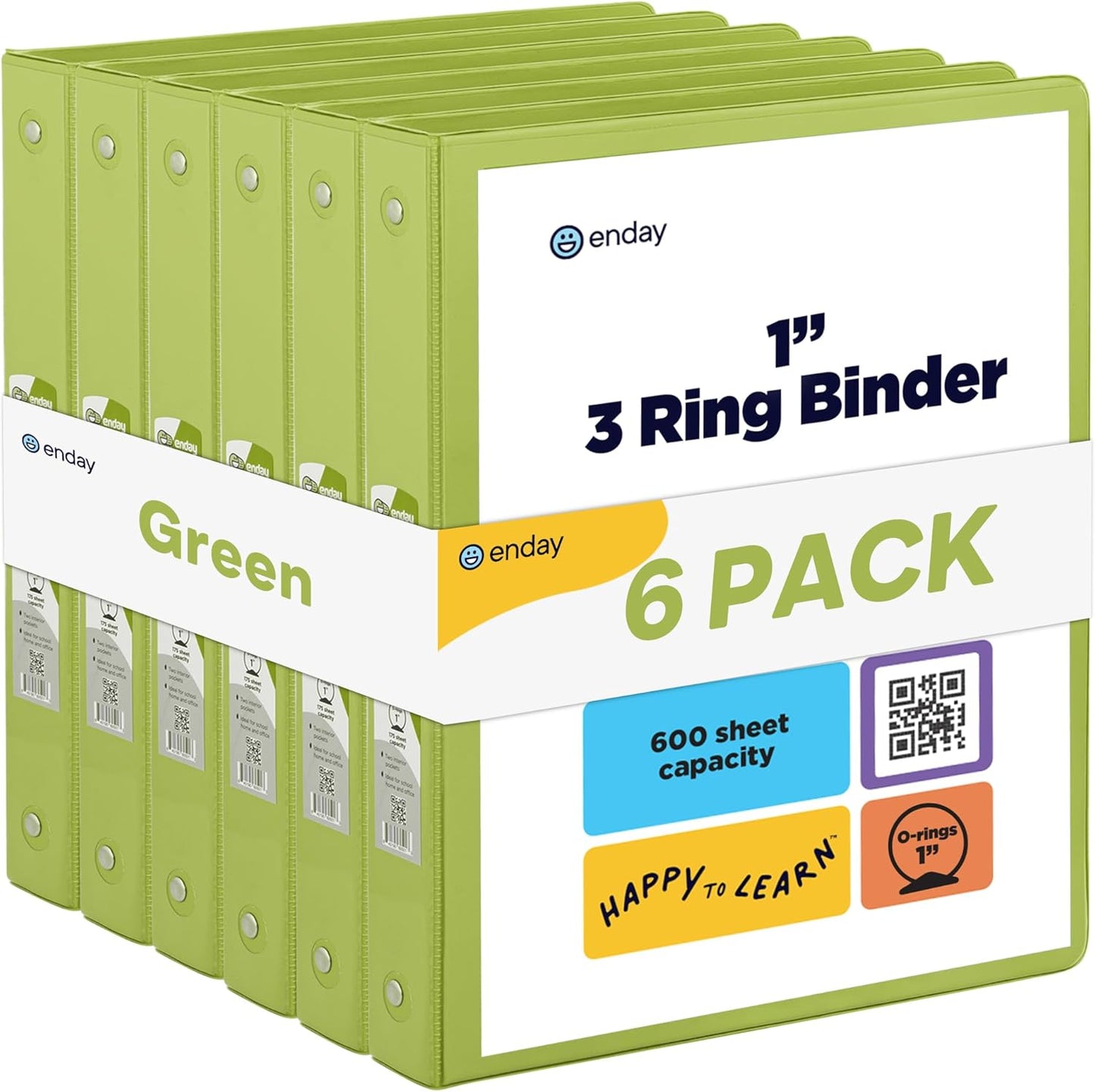 3 Ring Binder Green, 1 Inch, 1” Clear View Cover with 2 Inside Pockets Round Ring Binder, Colored School Supplies Binders, Also Available in Pink, Blue, Purple, Grey, and Red (6 PC) – by Enday