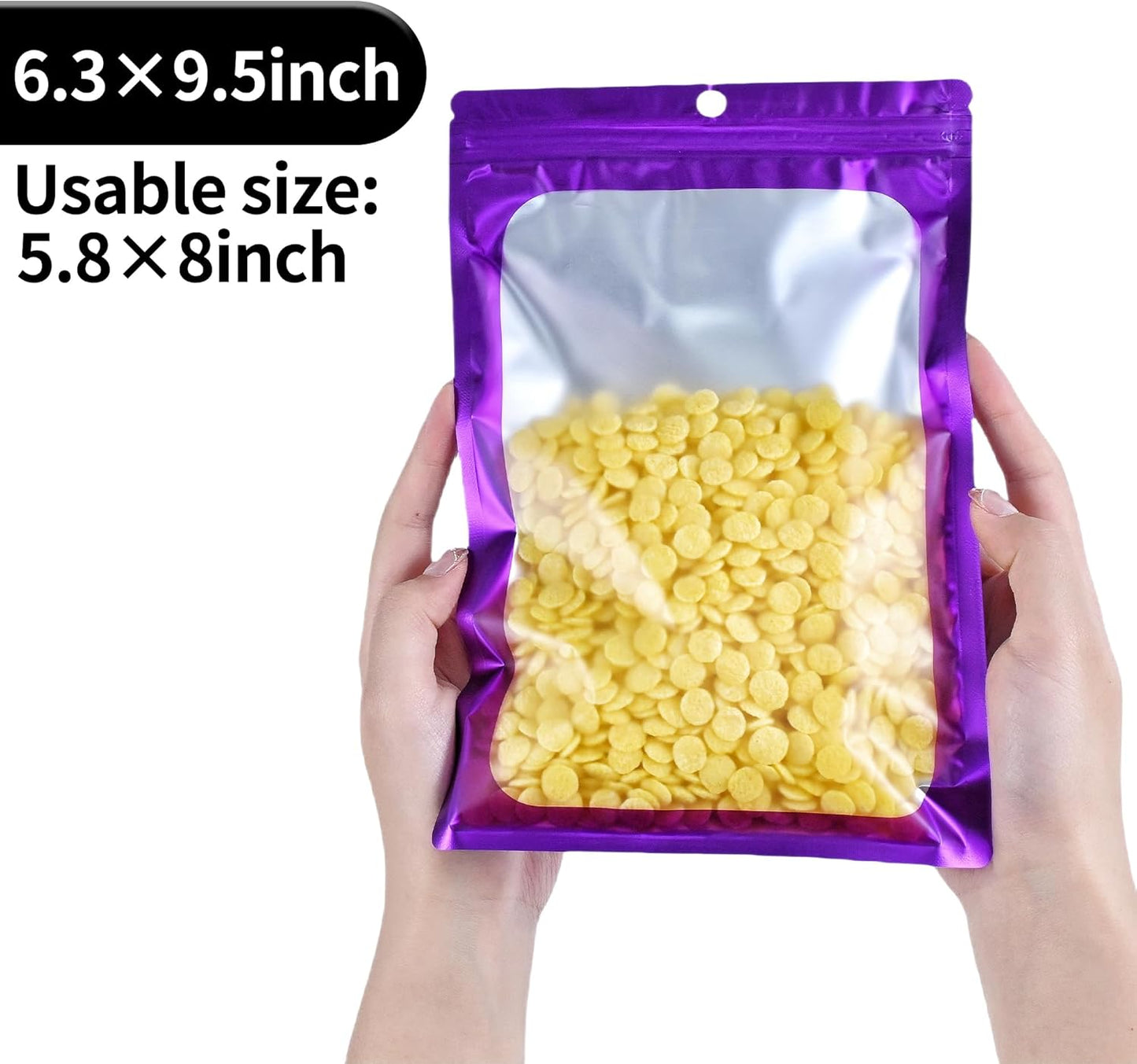 Resealable Mylar Pouch Bag Great for Office Home Party Favor Food Storage (100PCS, Purple Color, 6.3 x 9.5 inch)