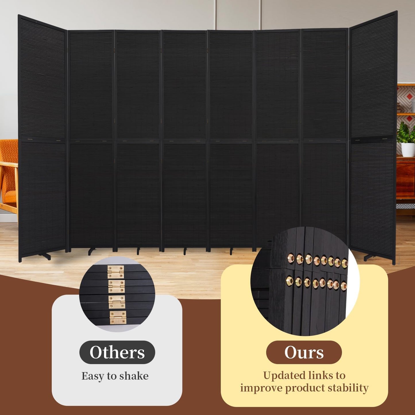 Bamboo Room Divider 8 Panel Wall Divider, 142'' W x 67'' H Folding Design with Extra Stable Base, 100% Bamboo Room Divider Screen for Room Separation, Chinese Room Partitions and Dividers Freestanding