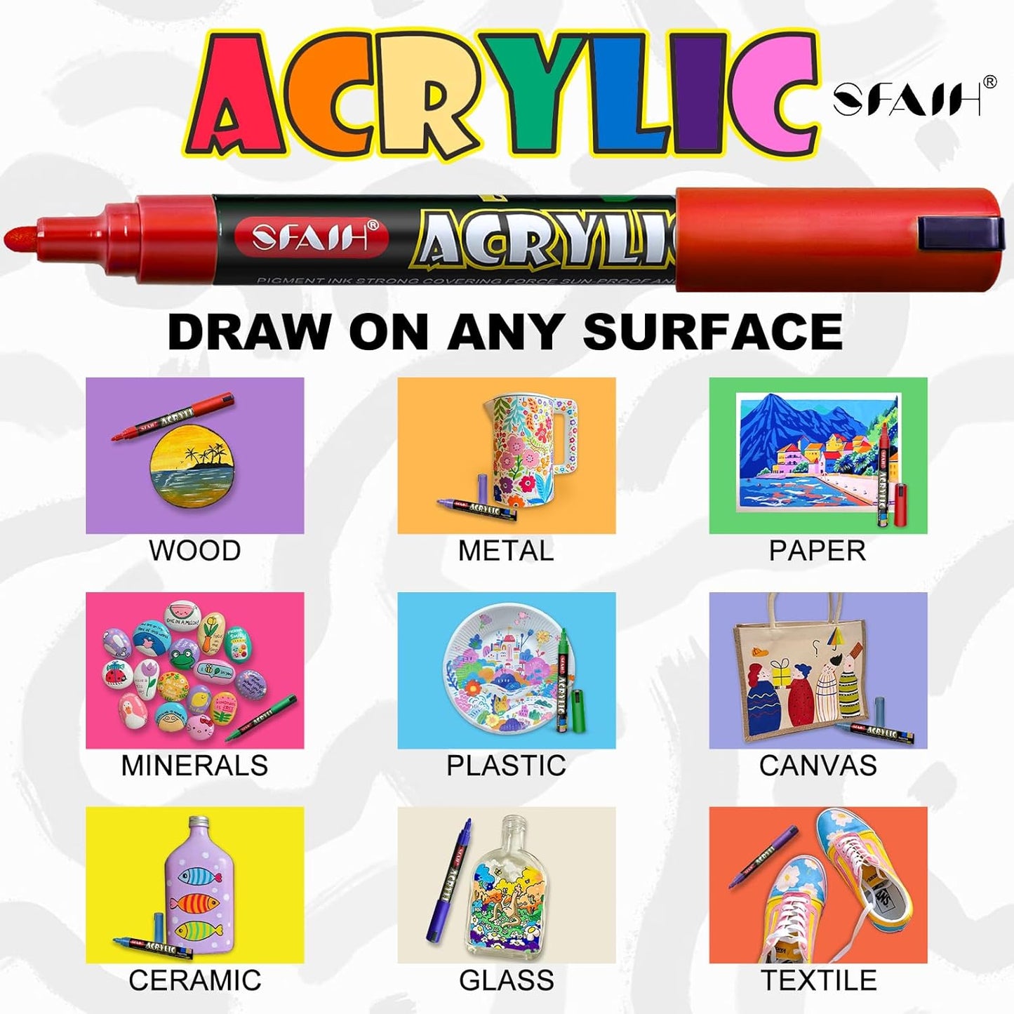 SFAIH Halloween Acrylic Creative Markers - 36 Colors 3mm Replaceable Nibs, Ultra-High Coverage, Large Ink Capacity, Drawing Markers for Pumpkin Painting, Graffiti Wood Fabric Rock Glass DIY Crafts